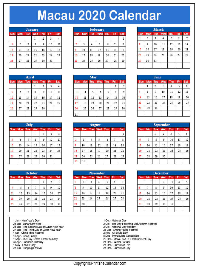 Macau Printable Calendar 2020